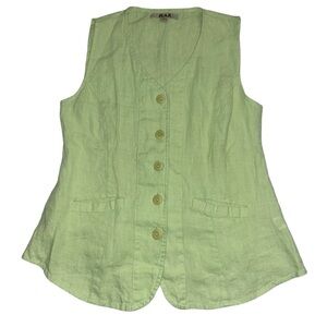Flax Womens Lime Green 100% Linen Buttton Down Vest Style Top Petite sz P